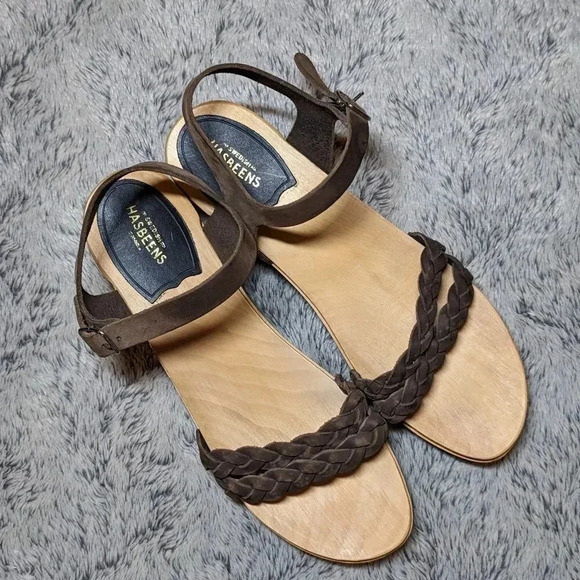 Swedish Hasbeens Brown Sandals Tan Wooden Leather Open Toe Clogs Size 40 US 10 - Picture 5 of 12